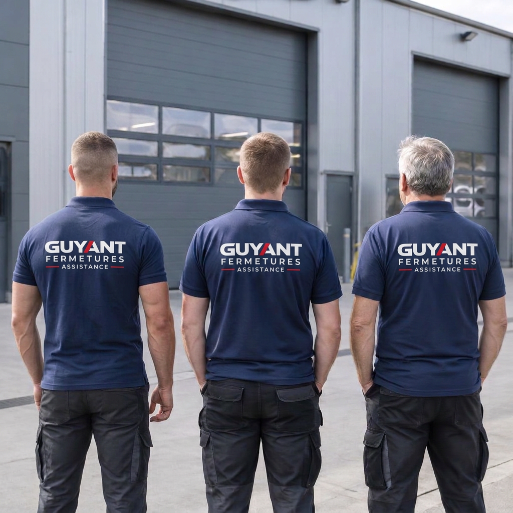 Trois techniciens GFA de dos, en polo bleu marine, devant un bâtiment industriel