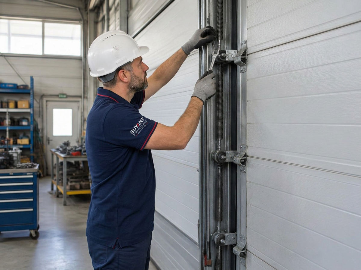 Technicien réglant le mécanisme d'une porte sectionnelle industrielle